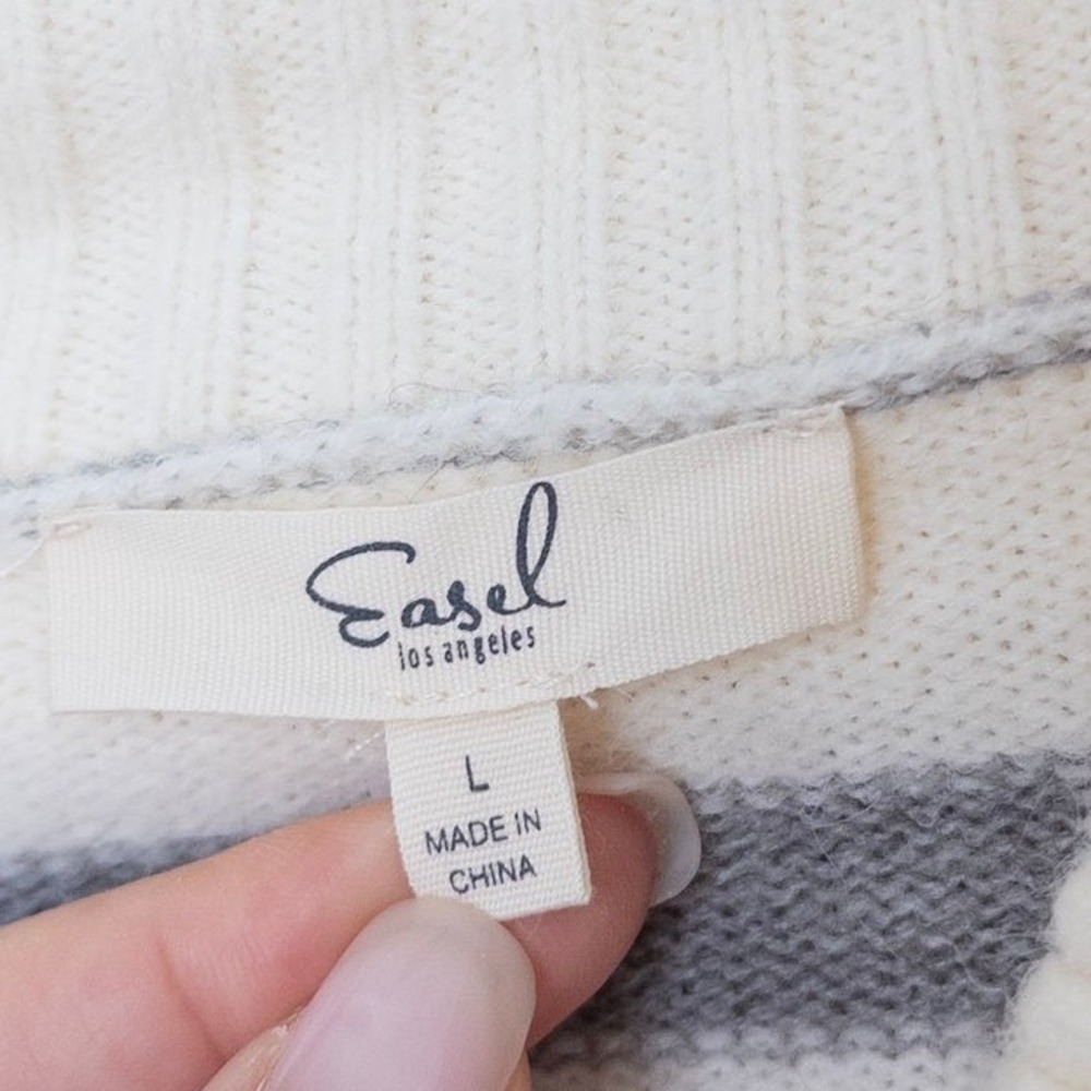 Easel Womens Striped Sweater L White Gray Ruffle Collar Henley Preppy Cottage - Picture 5 of 12